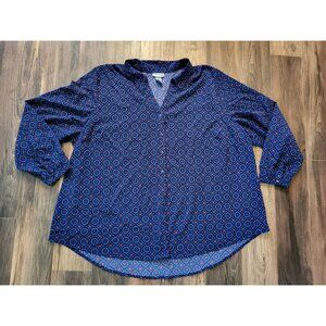 Catherines Navy Blue And Red Print Long Sleeve Button Up Shirt Sz 3X